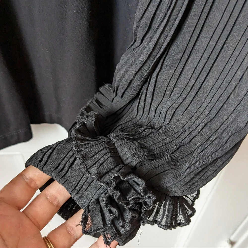 Elie Tahari Black Ruffled Top with Sheer Balloon Sleeves - Size L